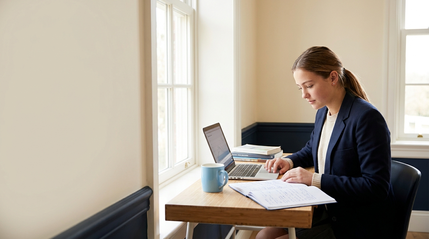 Focused student studying by a window